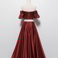 Burgundy satin long prom dress evening dress - Thumbnail 4