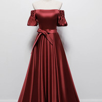 Burgundy satin long prom dress evening dress - Thumbnail 5
