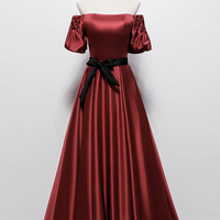 Burgundy satin long prom dress evening dress - Thumbnail 6