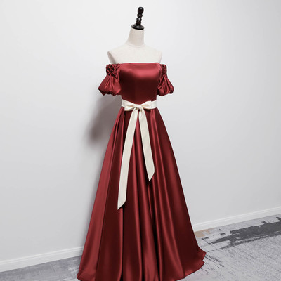 Burgundy satin long prom dress evening dress - Thumbnail 3