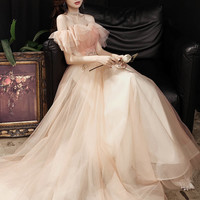 Pink tulle sequins long prom dress evening dress - Thumbnail 2