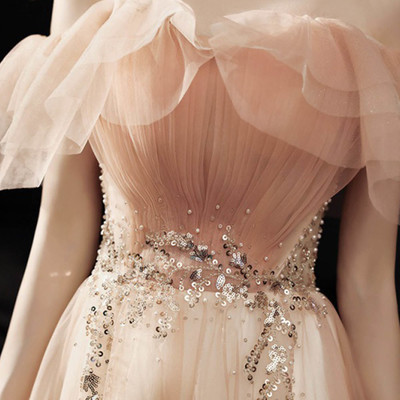 Pink tulle sequins long prom dress evening dress - Thumbnail 2