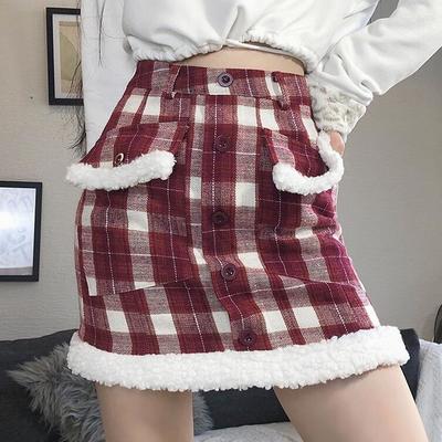 Sweet red color block checker lamb wool pocket skirt