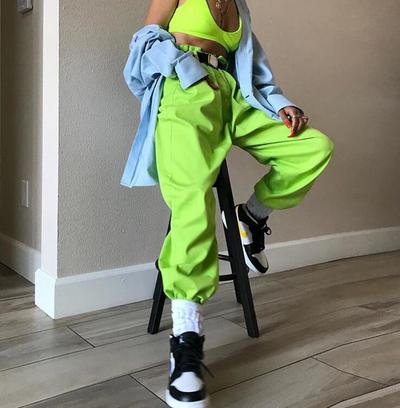 Neon Green Color High Waist Dungarees Jogger Pants