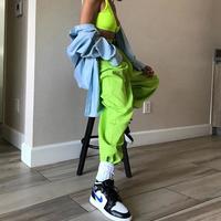 Neon Green Color High Waist Dungarees Jogger Pants - Thumbnail 1