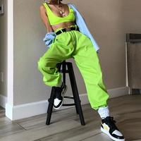 Neon Green Color High Waist Dungarees Jogger Pants - Thumbnail 2