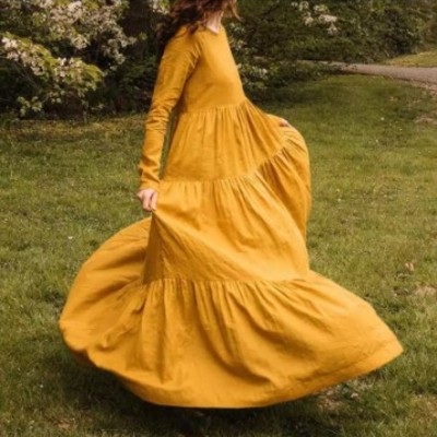 Beautiful long sleeve pleated solid color cotton dress - Thumbnail 3