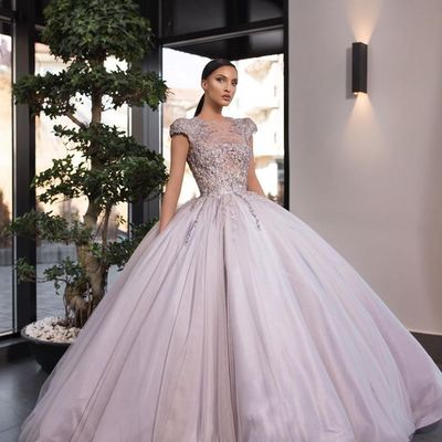 Romantic ball gown cap sleeves lilac tulle prom dresses with lace appliques,sweet 16 party dresses,quinceanera dresses 2021
