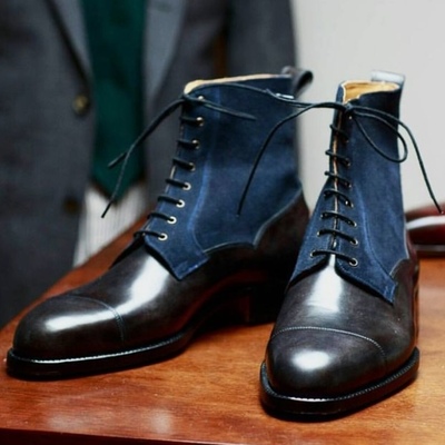 New handmade navy black balmoral cap toe ankle high leather suede boot - Thumbnail 3