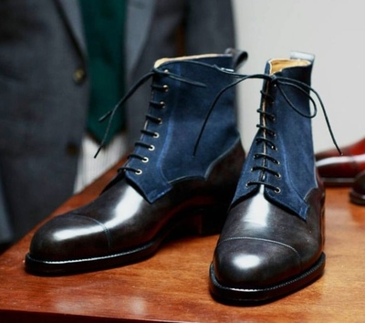 New Handmade Navy Black Balmoral Cap Toe Ankle High Leather Suede Boot