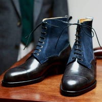 New Handmade Navy Black Balmoral Cap Toe Ankle High Leather Suede Boot - Thumbnail 1