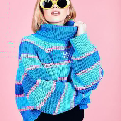 Letter embroidery color matching striped high neck lazy loose sweater