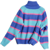 Letter embroidery color matching striped high neck lazy loose sweater - Thumbnail 1