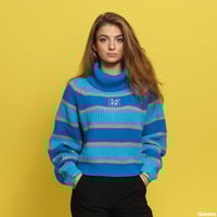 Letter embroidery color matching striped high neck lazy loose sweater - Thumbnail 5