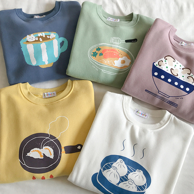 Dumpling Ramen Food Cartoon Print Loose Oversized Long Sleeve Sweatshirt Sweater Pullover Causal E-Girl Kawaii Korean Japanese Harajuku Streetwear