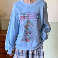White Vintage Anime Girl Cartoon Print Graphic Long Sleeve Sweatshirt Sweater Pullover Jumper Causal E-Girl Kawaii Korean Japanese Harajuku Streetwear - Thumbnail 1