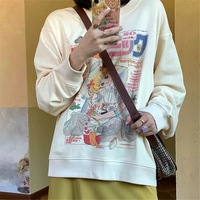 White Vintage Anime Girl Cartoon Print Graphic Long Sleeve Sweatshirt Sweater Pullover Jumper Causal E-Girl Kawaii Korean Japanese Harajuku Streetwear - Thumbnail 3