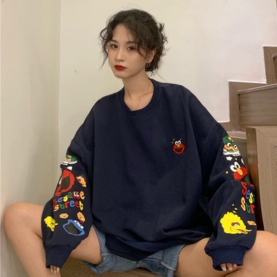 Funny Elmo Cartoon Print Loose Oversized Long Sleeve Sweatshirt Sweater Pullover Jumper Causal E-Girl Kawaii Korean Japanese Harajuku Streetwear