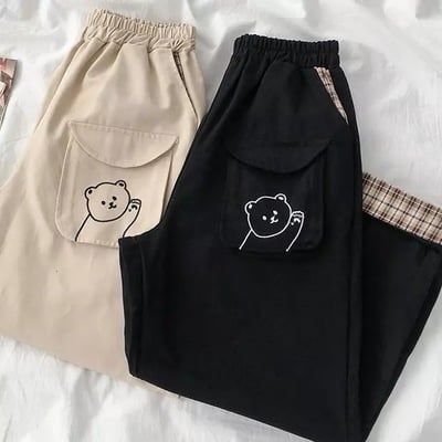 Cute Black Khaki Bear Embroidery Wide Leg Pants Women Casual High Waisted Loose Long Straight Bottom E-Girl Kawaii Korean Japanese Harajuku Streetwear