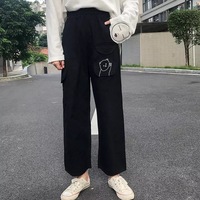 Cute Black Khaki Bear Embroidery Wide Leg Pants Women Casual High Waisted Loose Long Straight Bottom E-Girl Kawaii Korean Japanese Harajuku Streetwear - Thumbnail 2