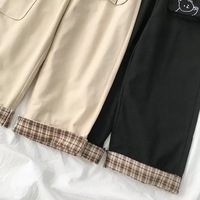 Cute Black Khaki Bear Embroidery Wide Leg Pants Women Casual High Waisted Loose Long Straight Bottom E-Girl Kawaii Korean Japanese Harajuku Streetwear - Thumbnail 3