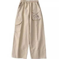 Cute Black Khaki Bear Embroidery Wide Leg Pants Women Casual High Waisted Loose Long Straight Bottom E-Girl Kawaii Korean Japanese Harajuku Streetwear - Thumbnail 4