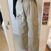 Cute Black Khaki Bear Embroidery Wide Leg Pants Women Casual High Waisted Loose Long Straight Bottom E-Girl Kawaii Korean Japanese Harajuku Streetwear - Thumbnail 6