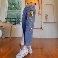 Vintage Star Moon Night Sky Women Heans Pattern Print Autumn Winter Demin Trouser Blue Pants Bottom E-Girl Kawaii Korean Japanese Harajuku Streetwear - Thumbnail 2
