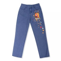 Vintage Star Moon Night Sky Women Heans Pattern Print Autumn Winter Demin Trouser Blue Pants Bottom E-Girl Kawaii Korean Japanese Harajuku Streetwear - Thumbnail 1