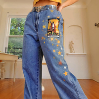 Vintage Star Moon Night Sky Women Heans Pattern Print Autumn Winter Demin Trouser Blue Pants Bottom E-Girl Kawaii Korean Japanese Harajuku Streetwear - Thumbnail 5