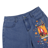 Vintage Star Moon Night Sky Women Heans Pattern Print Autumn Winter Demin Trouser Blue Pants Bottom E-Girl Kawaii Korean Japanese Harajuku Streetwear - Thumbnail 6
