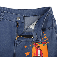 Vintage Star Moon Night Sky Women Heans Pattern Print Autumn Winter Demin Trouser Blue Pants Bottom E-Girl Kawaii Korean Japanese Harajuku Streetwear - Thumbnail 7