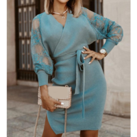 Casual Lace Print Knit Dress - Thumbnail 1