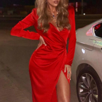 Women's Red Deep V-Neck Long Sleeve Waist High Split Dress - Thumbnail 1