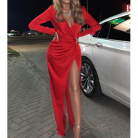 Women's Red Deep V-Neck Long Sleeve Waist High Split Dress - Thumbnail 2