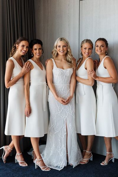 Simple A-Line V Neck White Satin Short Bridesmaid Dresses with Belt