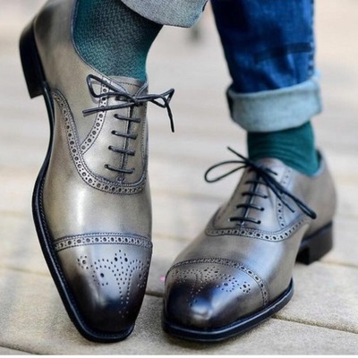 Men's handmade brogue toe grey lace up formal dress custom made leather shoes