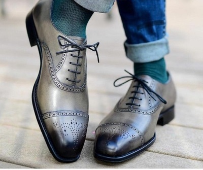 Men's Handmade Brogue Toe Grey Lace Up Formal Dress Custom Made Leather Shoes