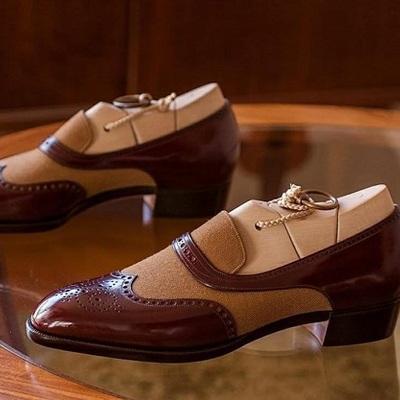 Handmade brown beige loafers suede leather shoes