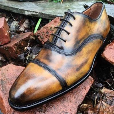 New pure handmade tan leather dark brown shaded lace up shoes for men's