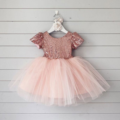 Pink flower girl dresses with sequins top - Thumbnail 1