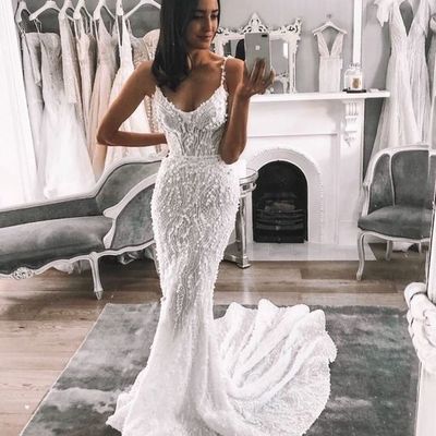 Charming mermaid v neck white lace wedding dresses with train - Thumbnail 4
