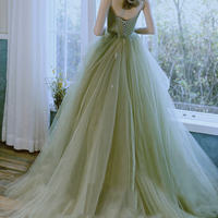 Green tulle long prom dress green evening dress - Thumbnail 1