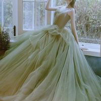 Green tulle long prom dress green evening dress - Thumbnail 2