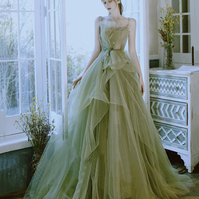 Green tulle long prom dress green evening dress - Thumbnail 3