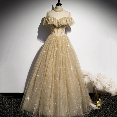 Gold a line sequins long ball gown dress formal dress - Thumbnail 4