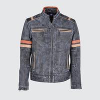 Original Sheepskin Leather Vintage Biker Jacket Grey Black - Thumbnail 4