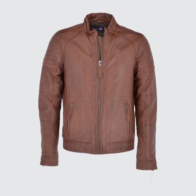 Original sheepskin men leather jacket biker style brown