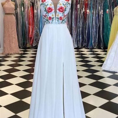 White prom dress,chiffon prom dress,appliques prom dresses,a-line prom dress，801