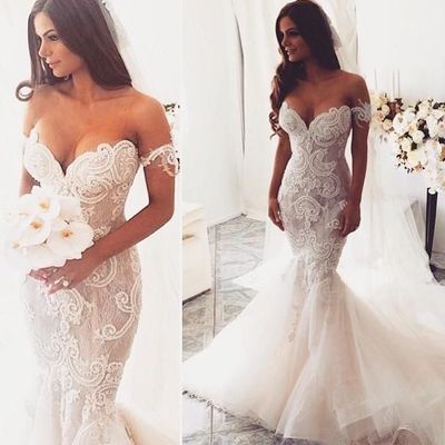 Long wedding dress, elegant wedding dress, mermaid wedding dress, off shoulder lace wedding dress,805